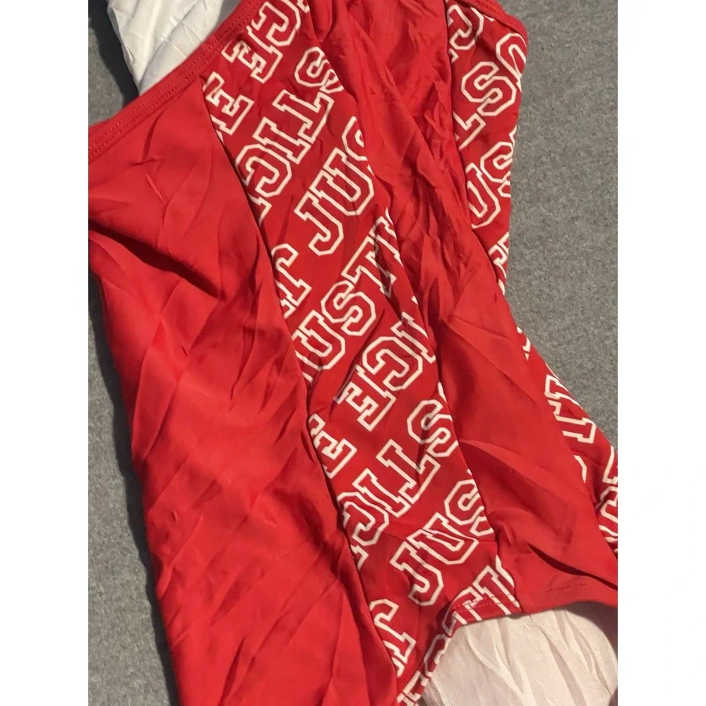 Justice Girls Red One Piece Swimsuit Size 14 Logo Side Summer Pool Swimwear
